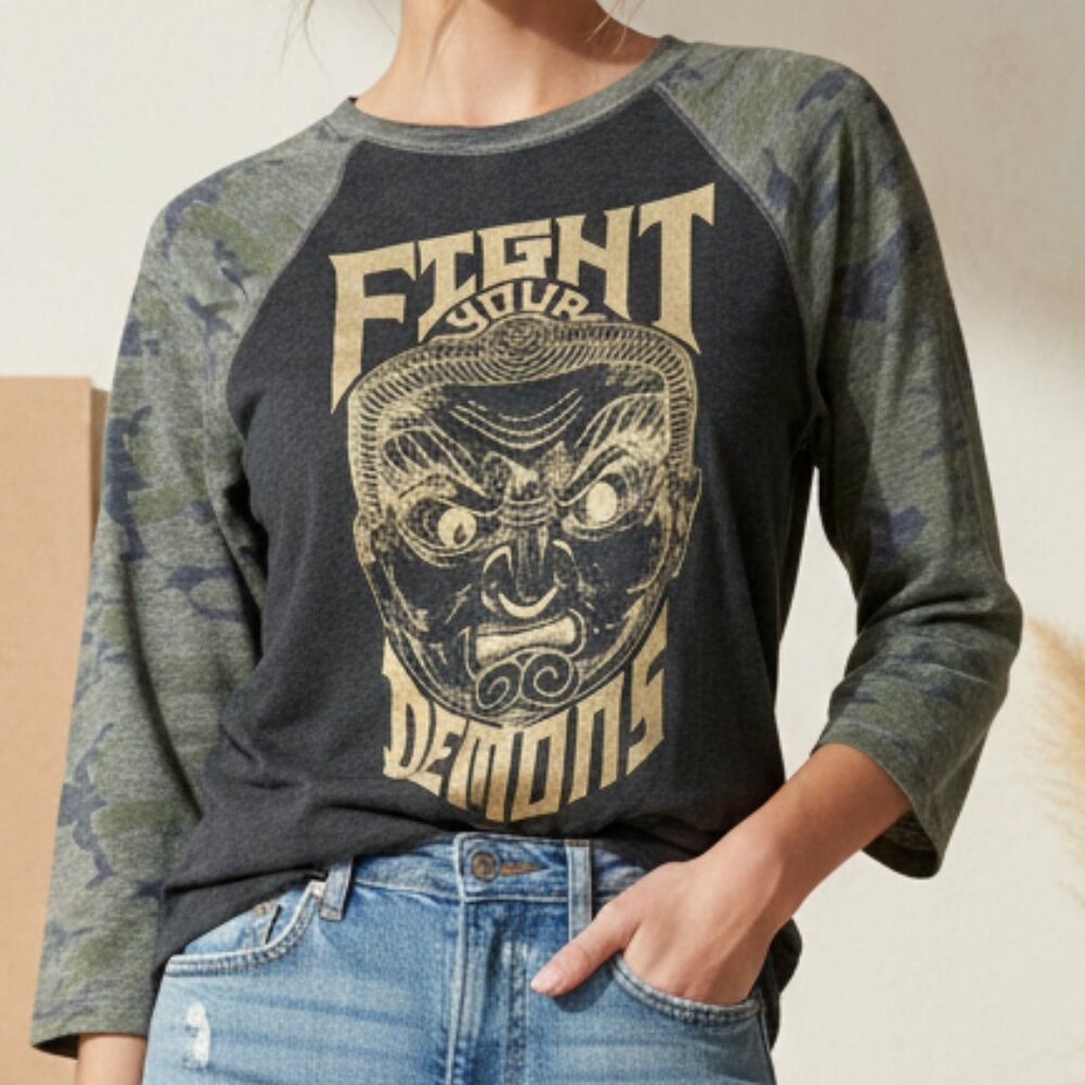 Fight Your Demons Unisex Graphic Live And Tell L.A.T. Gray Camo Raglan Tee Small